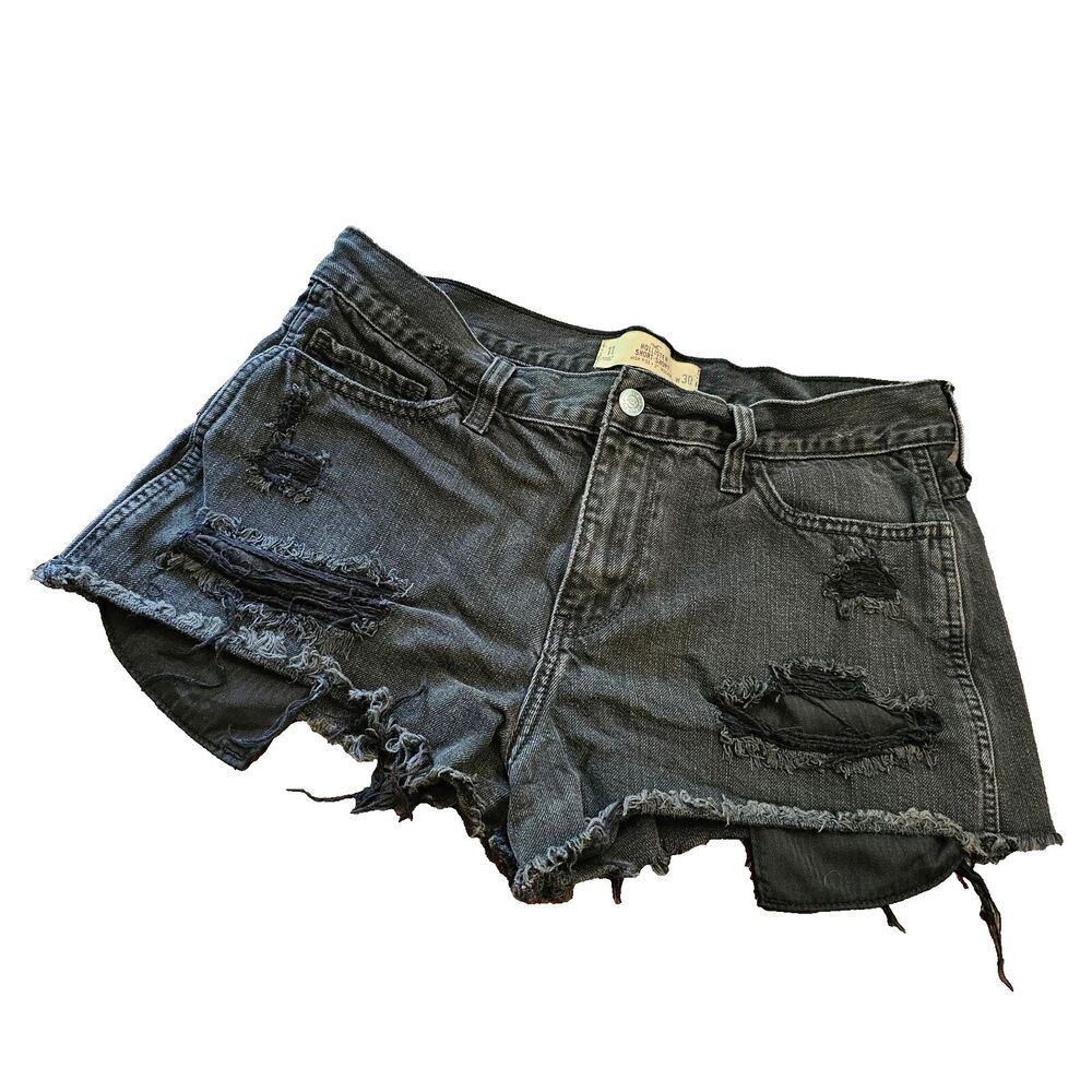 HOLLISTER Size 11 Shorts Black Distressed Denim Cut-Offs Y2K Grunge Festival